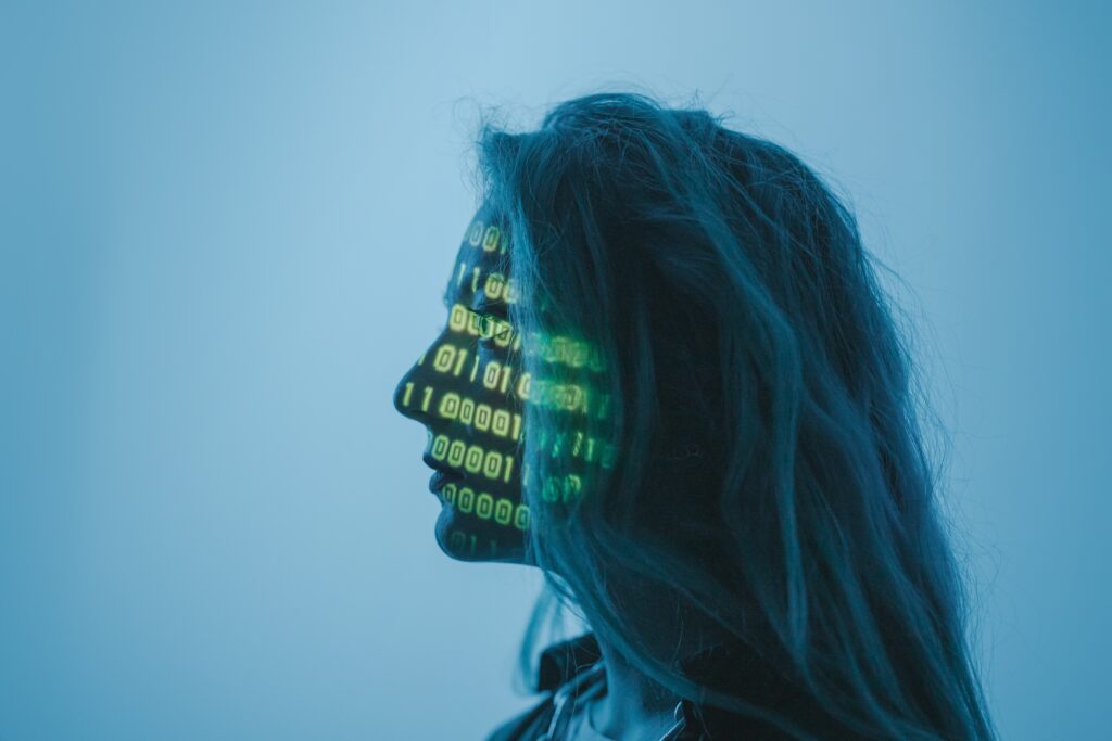 Women with Code on Face representing AI